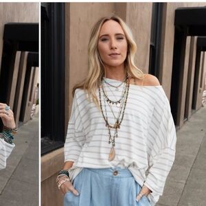 Three Bird Nest Swaying Stripes Cream and Tan Striped Tunic Size Med oversized